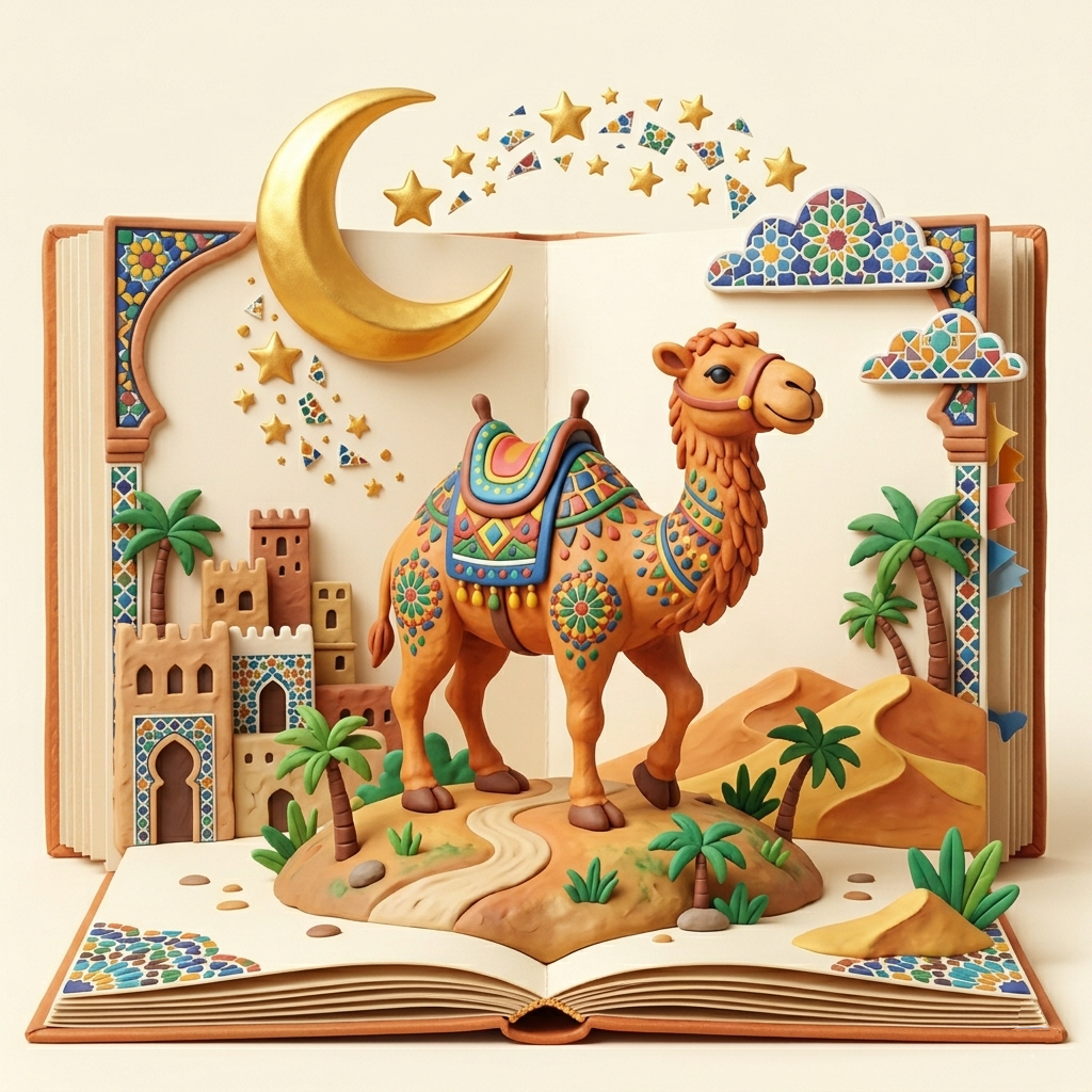 3D clay camel with crescent moon and Moroccan mosaic