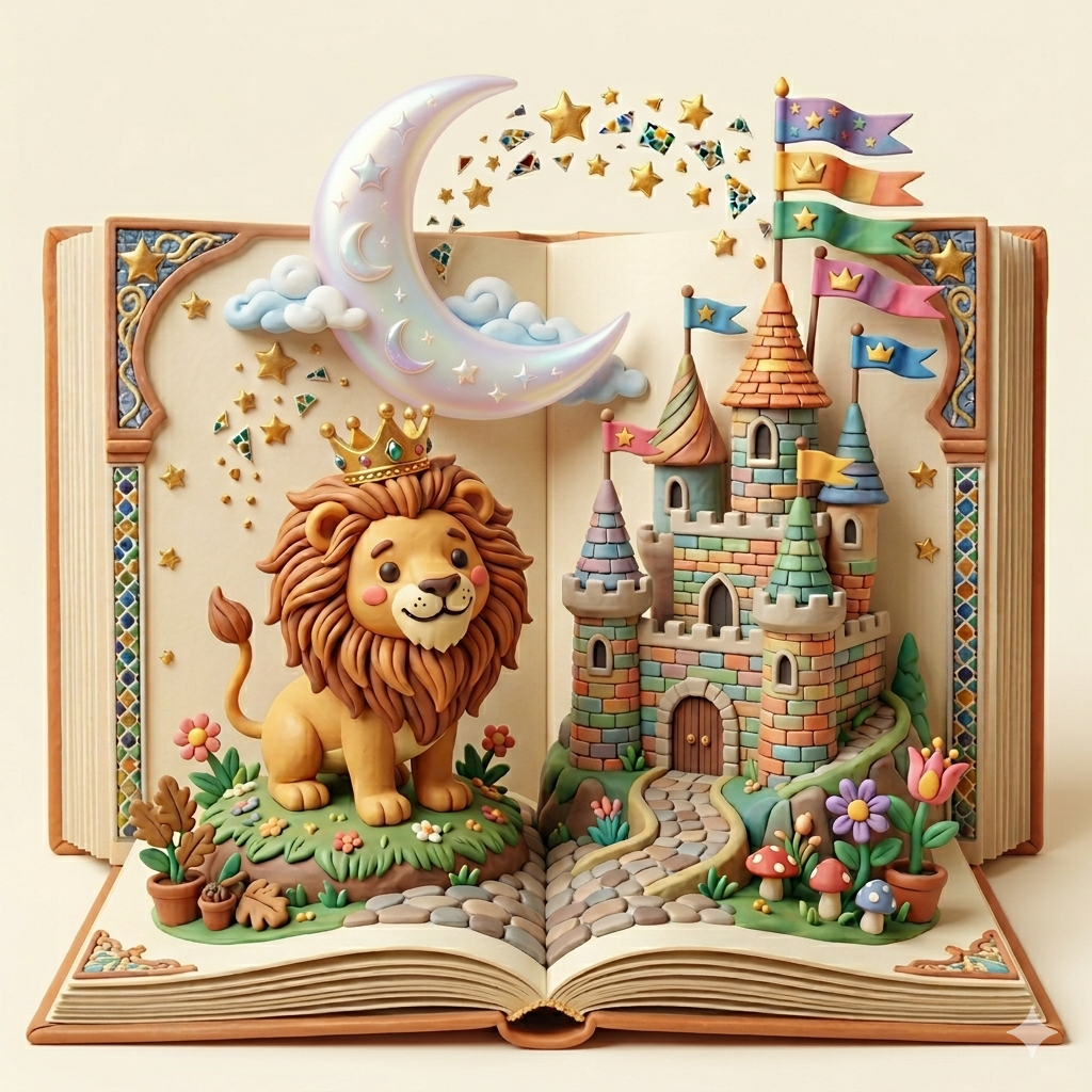 3D clay lion with crown, Big Ben and red double-decker bus