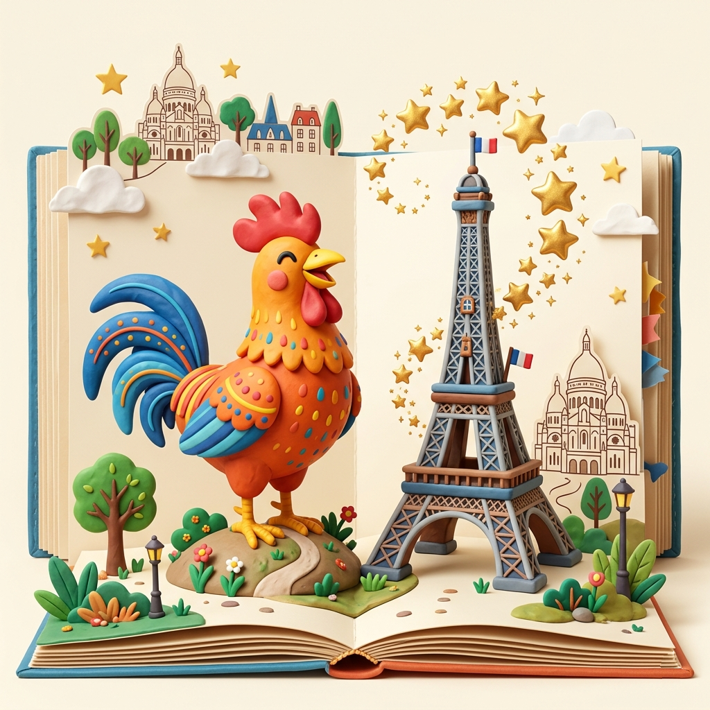 3D clay rooster with Eiffel Tower and blue stars