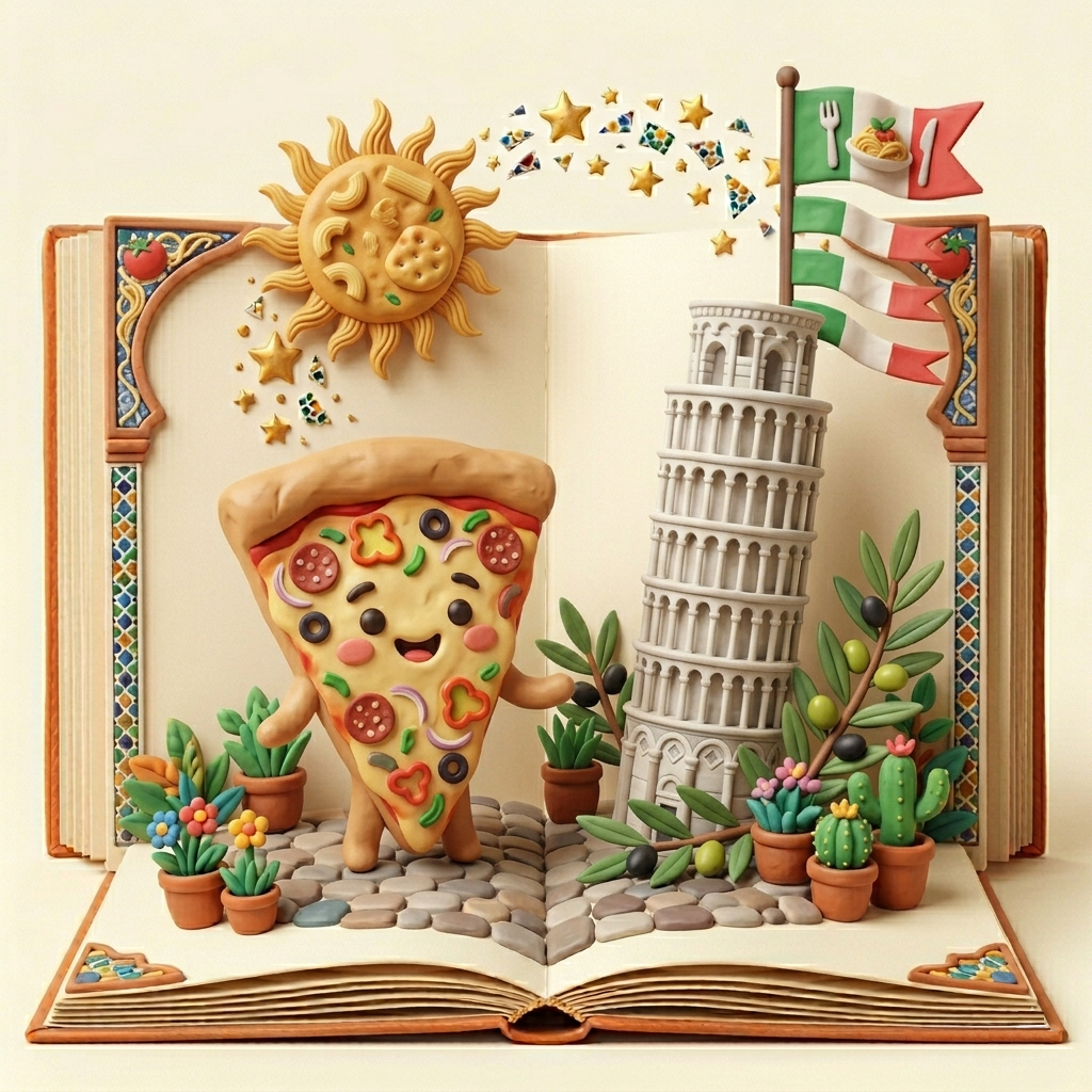 3D clay pizza with Leaning Tower of Pisa and olive branch