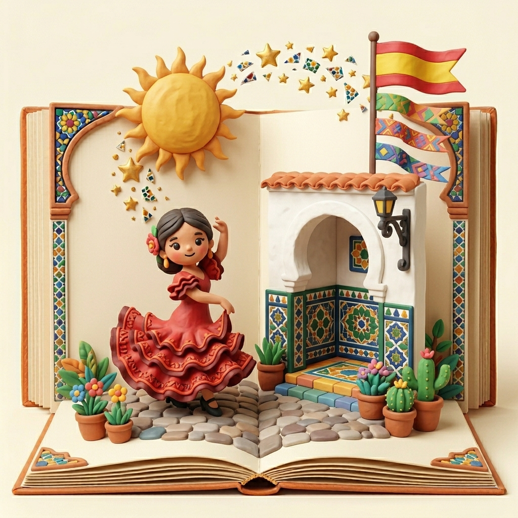 3D clay flamenco dancer with torero cap and Spanish tiles